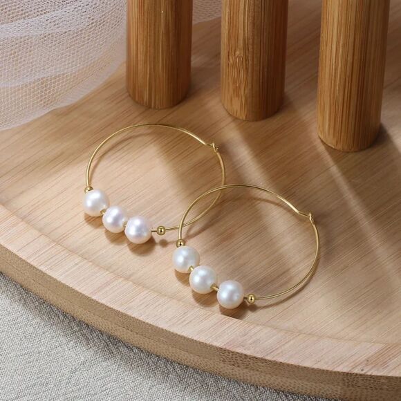 Pearl Hoop Earrings Gold Plated White Pearl Hoops Sterling Silver Jewelry Gift - Picture 4 of 5